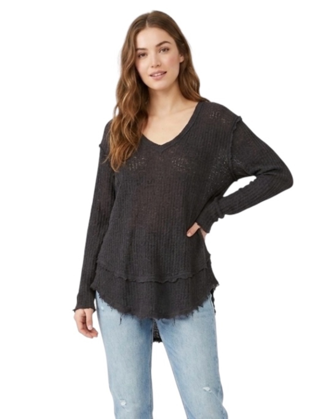 We The Free Slouchy V- Neck Sweater Sz L Black Boho Loose Knit Oversized Grunge